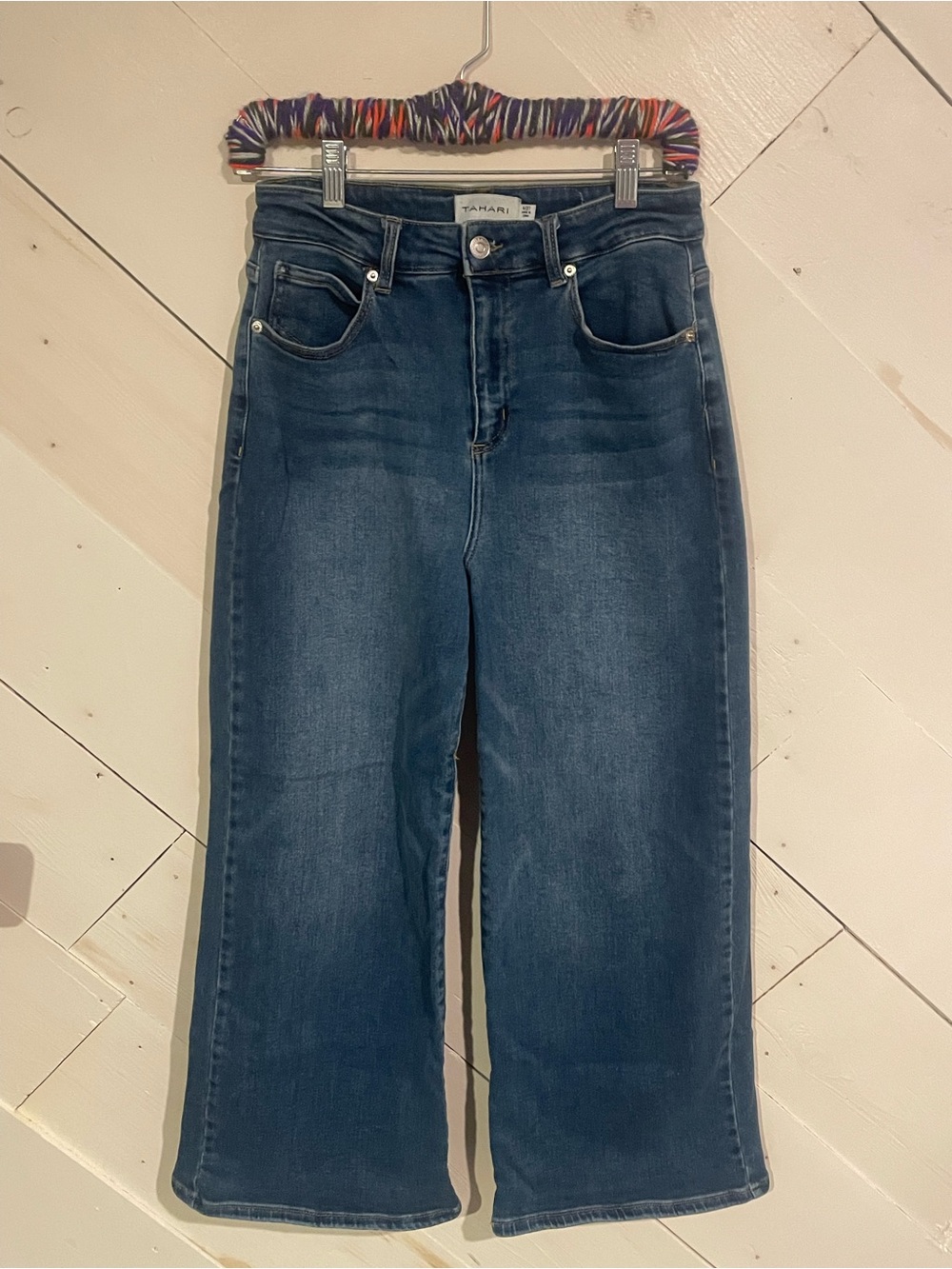Tahari Mid-Dark Blue Wide Leg High-Rise Jeans